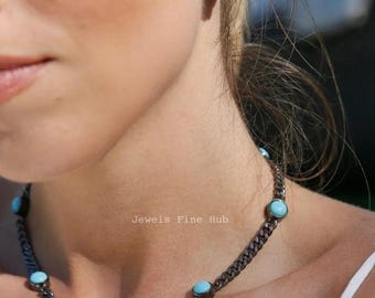 925 Sterling Silver Cuban Link Chain Necklace: Natural Turquoise & Diamond Earring