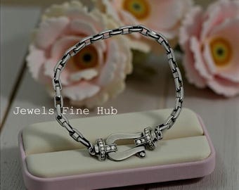 Rectangular Link Chain Bracelet, Natural Pave Diamond Bracelet Jewelry, 925 Sterling Silver Clasp Lock Bracelet, Birthday Gift For Her