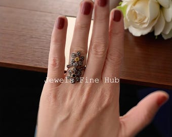 Blue / Yellow Sapphire Ring Natural Pave Diamond Ring Solid 925 Sterling Silver Handmade Fine Flower Design Ring Promise Ring Gift jewelry