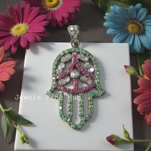 Diamond Pave Hamsa Pendant, Natural Ruby & Tsavorite, 925 Sterling Silver