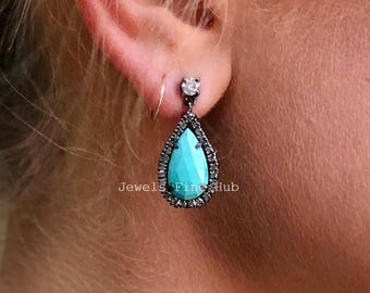 Natural Sleeping Beauty Turquoise Gemstone Earring, Natural Pave Diamond Jewelry, Solid 925 Sterling Silver, Moissanite Earring Gift jewelry