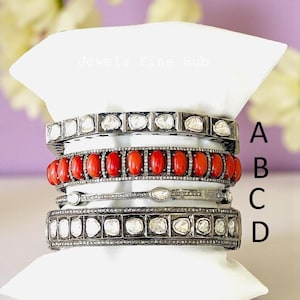 Brazalete artesanal de diamantes Polki y coral rojo, plata de ley 925.