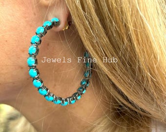 Sleeping Beauty Turquoise Gemstone Earring, Natural Diamond Earring, 925 Sterling Silver Earring, Turquoise Hoop Earring, Anniversary Gift