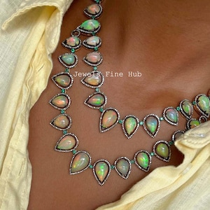 Natural Pave Diamond 925 Sterling Silver Natural Ethiopian Opal Gemstone Necklace Emerald Gemstone Jewelry Green emerald necklace Jewelry