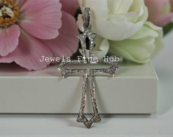 Handmade Natural Pave Diamond Cross Pendant, 925 Sterling Silver