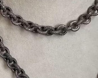Natural Pave Diamond 925 Sterling Silver, Rollo Chain Necklace, Oxidized Jewelry
