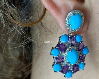 Törnrosa turkosa örhängen, pavediamanter och ametist, sterlingsilver
