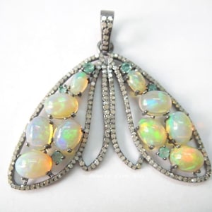 Natural Pave Diamond Natural Ethiopian Opal Gemstone Pendant 925 Solid Sterling Silver Pendant Butterfly Design Pendant Fine Gift Jewelry
