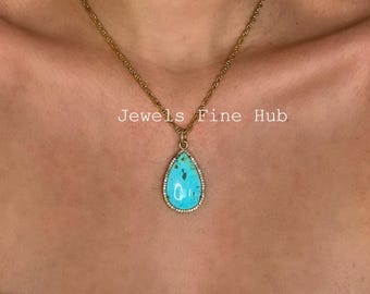 Pave Diamond Pendant Sleeping Beauty Turquoise Gemstone 925 Sterling Silver Pendant Jewelry Pear Turquoise Pendant Jewelry Anniversary Gift!