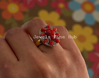 Ring mit roter Koralle und Diamanten, Partyschmuck aus Sterlingsilber