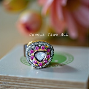 Bague en rubis rose naturel taille ronde, bague en diamants naturels pavés, bague en argent sterling 925, bague en diamants polki coupés en tranches, bijoux de fête,