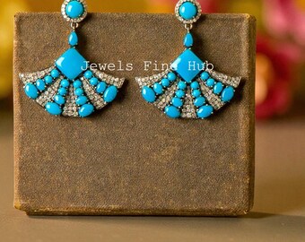 Natural Sleeping Beauty Turquoise Gemstone Earring Natural Pave Diamond Jewelry 925 Sterling Silver Earring Birthday Gift for her Jewelry