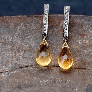 Natural Brilliant Cut Citrine Gemstone Earring Dangle Drop Earring Solid 925 Sterling Silver Earring Natural Pave Diamond Fine Gift Jewelry