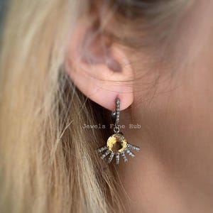 Sun Burst Natural Round Citrine Gemstone Earring Dangle Drop Earring Solid 925 Sterling Silver Pave Diamond Fine Jewelry Yellow Citrine