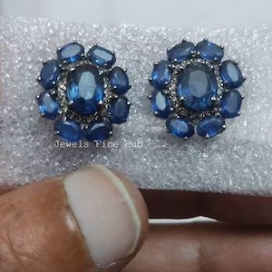 Pendiente de botón ovalado hecho a mano con diamante pavé natural, pendiente de plata de ley 925, piedra preciosa de cianita azul natural, regalo de cumpleaños para ella, joyería fina