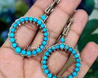 Natural Round Sleeping Beauty Turquoise Gemstone Earring Natural Pave Diamond Jewelry Solid 925 Sterling Silver Earring Mother's Day Gift