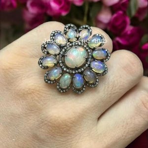 Natural Pave Diamond Ring Jewelry, Solid 925 Sterling Silver Ring, Natural Ethiopian Multi Fire Opal Ring, Fine Cocktail Ring gift Jewelry