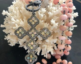 Natural Diamond Cross Pendant Necklace: Ethiopian Opal, Pink Opal Beads, 925 Sterling Silver