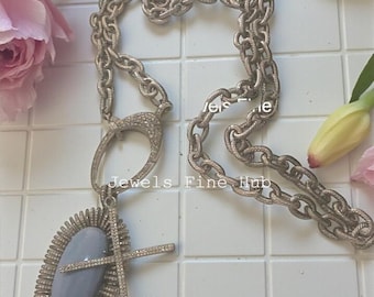925 Sterling Silver Natural Sapphire Pendant Necklace, Pave Diamond Lobster Clasp, Twisted Chain