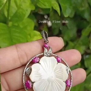 Flower Charm Pendant Natural Pave Diamond Mother of Pearl Carving gemstone Natural Ruby Gemstone Pendant 925 Sterling Silver Fine Jewelry