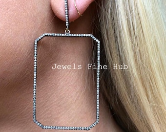 925 Sterling Silver Earring Fine Jewelry, Octagon Dangle Drop Earring, Pave Diamond Earring, Natural Diamond Earring, Wedding Gift For Her