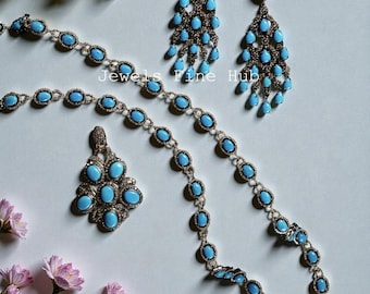 Natural Sleeping Beauty Turquoise Pendant, Pave Diamond Jewelry Set, 925 Sterling Silver Earring