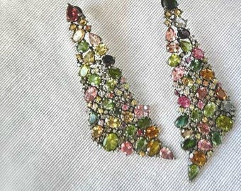 Natural Pave Diamond Handmade Earring Solid 925 Sterling Silver Natural Multi Tourmaline Gemstone Earring Anniversary Fine gift her Jewelry
