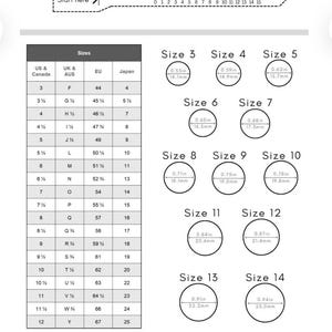 Puede incluir: Una tabla de tallas de anillos con medidas en pulgadas y mil&iacute;metros. La tabla incluye tallas de la 3 a la 14, con las tallas correspondientes de la UE, el Reino Unido y Jap&oacute;n. El texto "Start here" est&aacute; en la parte superior.