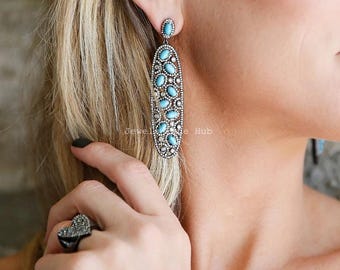Natural Sleeping Beauty Turquoise Gemstone Earring Natural Pave Diamond Jewelry Solid 925 Sterling Silver Earring Mother's Day Gift jewelry