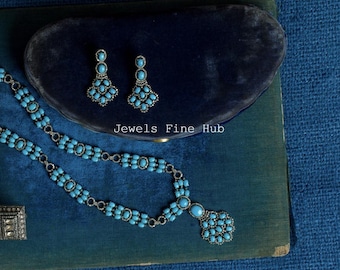 925 Sterling Silver Jewelry Set, Pave Diamond Earring, Natural Turquoise Gemstone Necklace, Engagement Gift