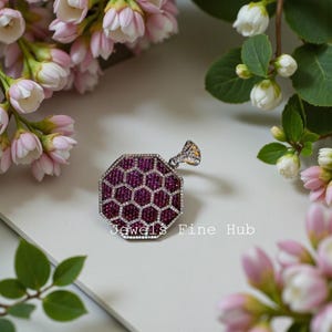 Natural Ruby Honeycomb Pendant, Pave Diamond, 925 Sterling Silver