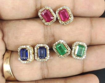 Stud Earring, Solid 925 Sterling Silver, Natural Pave Diamond Earring, Natural Emerald Gemstone Earring, Red Ruby / Blue Sapphire, Jewelry