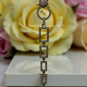 Rectangular Link Chain Necklace, Natural Pave Diamond Pendant, 925 Sterling Silver Pendant Necklace, Hammered Lobster Lock Pendant Jewelry