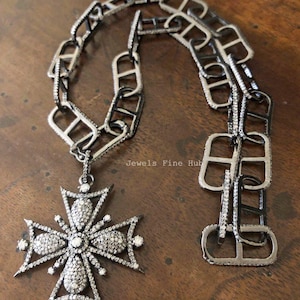 Cross Design Pendant Chain Necklace Natural Pave Diamond Solid 925 Sterling Silver Interlocking Chain Handmade Chain necklace Gift Jewelry