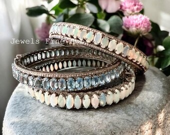 Natural Ethiopian Opal gemstone 1 ( Pc ) Bangle Bracelet Natural pave Diamond Solid 925 Sterling Silver Fine Jewelry Blue topaz gemstone