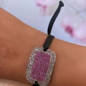 Bransoletka z naturalnego różowego rubinu z naturalnym diamentem, solidna bransoletka ze srebra próby 925, czarna skórzana, prezent na rocznicę, biżuteria dla niej