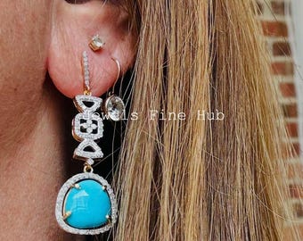 Natural Sleeping Beauty Turquoise Gemstone Earring Natural Pave Diamond Jewelry 925 Sterling Silver Dangle Earring Fine Gift for her jewelry
