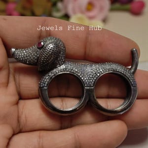 Dog Lover Ring, Pave Diamond, Ruby, 925 Sterling Silver Double Finger Ring