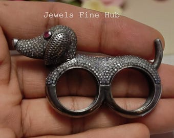 Dog Lover Ring, Natural Pave Diamond Ring, 925 Sterling Silver Double Finger Band Ring, Birthday Gift , Natural Red Ruby Gemstone jewelry,