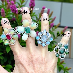 Slice Cut Ethiopian Opal Gemstone Ring, Natural Pave Diamond, 925 Sterling Silver Ring, Rainbow Moonstone Ring , Green Tourmaline, Ruby Ring