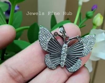 Pendentif papillon fait main en diamants naturels pavés, bijoux en argent sterling 925