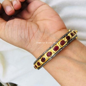 Natural Pave Diamond Bangle Bracelet Natural Red Ruby Gemstone Bangle Jewelry Solid 925 Sterling Silver Fine Christmas Gift For her Jewelry