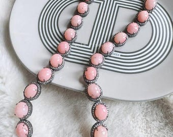 Natural Pave Diamond, Pink Opal Gemstone Necklace, 925 Sterling Silver, Handmade Jewelry