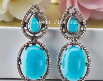Natural Sleeping Beauty Turquoise Gemstone Earring Natural Pave Diamond Jewelry Solid 925 Sterling Silver Earring Mother's Day Gift jewelry