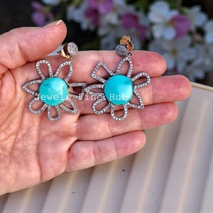 Naturalne kolczyki z niebieskim turkusem, naturalna biżuteria z diamentami, srebro próby 925, elegancki prezent urodzinowy dla niej