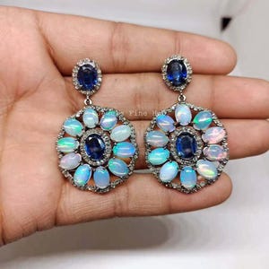 Pendiente colgante de plata de ley 925 maciza con pavé de diamantes naturales, pendiente de piedra preciosa de cianita azul natural, piedra preciosa de ópalo etíope.