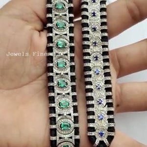 Natural Emerald Gemstone ( 1 Pcs ) Macramé Bracelet Natural Pave Diamond  925 Sterling Silver Blue Sapphire Bracelet Wedding Gift Jewelry