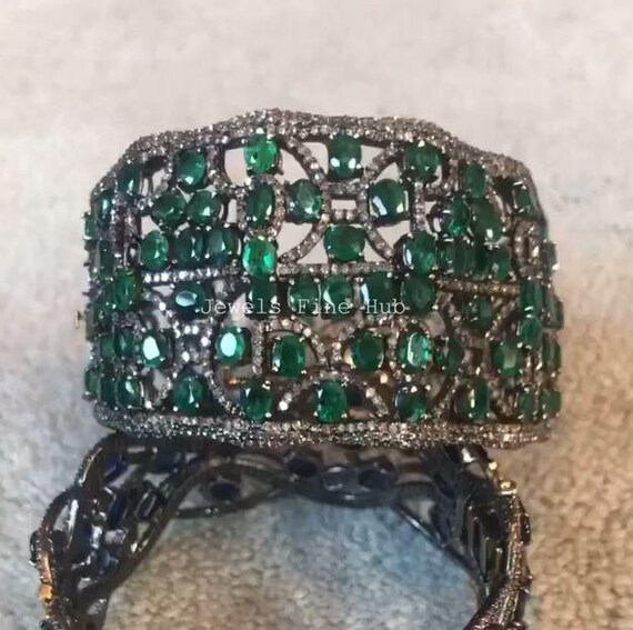 Natural Emerald Gemstone Bangle Bracelet Jewelry 925 Sterling Silver Victorian Bangle Natural Pave Diamond Handmade Jewelry Birthday Gift