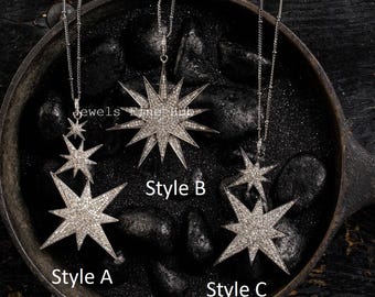1 pcs Pave Diamond Star Pendant Necklace, 925 Sterling Silver, Celestial Charm