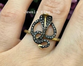 Designer Snake Ring, Natural Pave Diamond Ring Jewelry, 925 Sterling Silver Ring, Halloween Jewelry, Unisex Ring, Hammered Ring, Yellow Gold